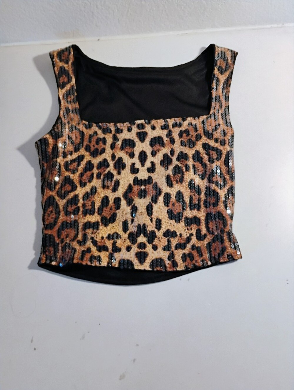 Sequin Leopard Print Square Neck Tank Top - Black/Tan